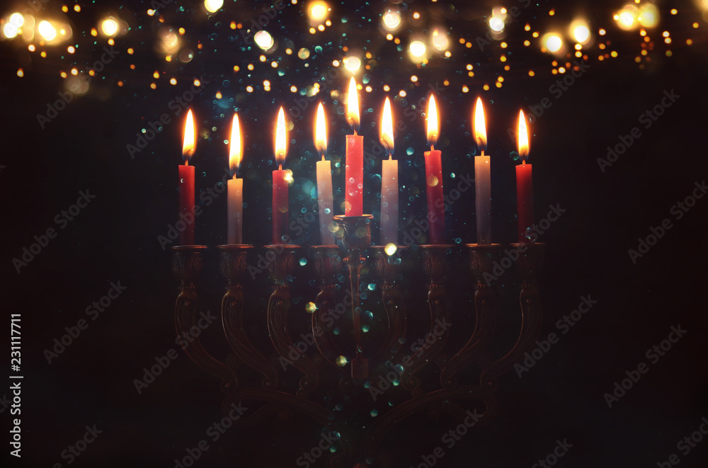 Image of jewish holiday Hanukkah background with menorah (traditional candelabra) and burning candles. - obrazy, fototapety, plakaty 
