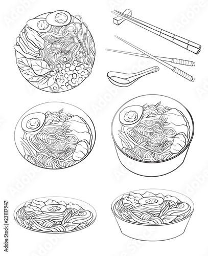 Contour black and white cartoon illustration of  ramen in different angles. Noodles. Vector element for the menu, card, coloring pages and your creativity.