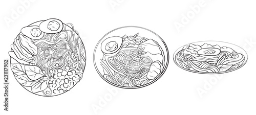 Contour black and white cartoon illustration of  ramen in different angles. Noodles. Vector element for the menu, card, coloring pages and your creativity.