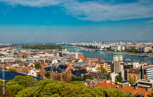 Panoramic view of Budapest from the Fisherman's Bastion. The Margaret Bridge and the Margaret Island is in the background.