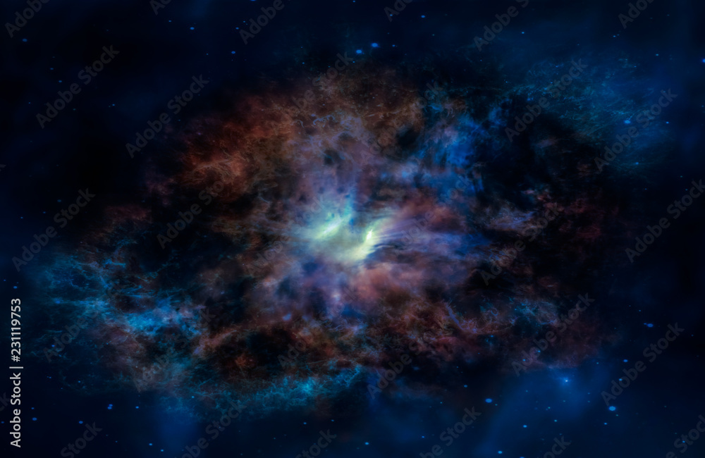 Landscape background of fantasy alien galaxy with glowing clouds and stars with light at the middle. The elements of this image furnished by NASA.