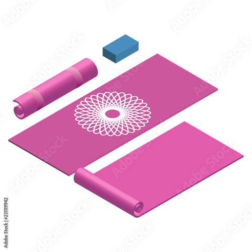 Yoga mat rolled and open yoga block in pink color vector illustration EPS10