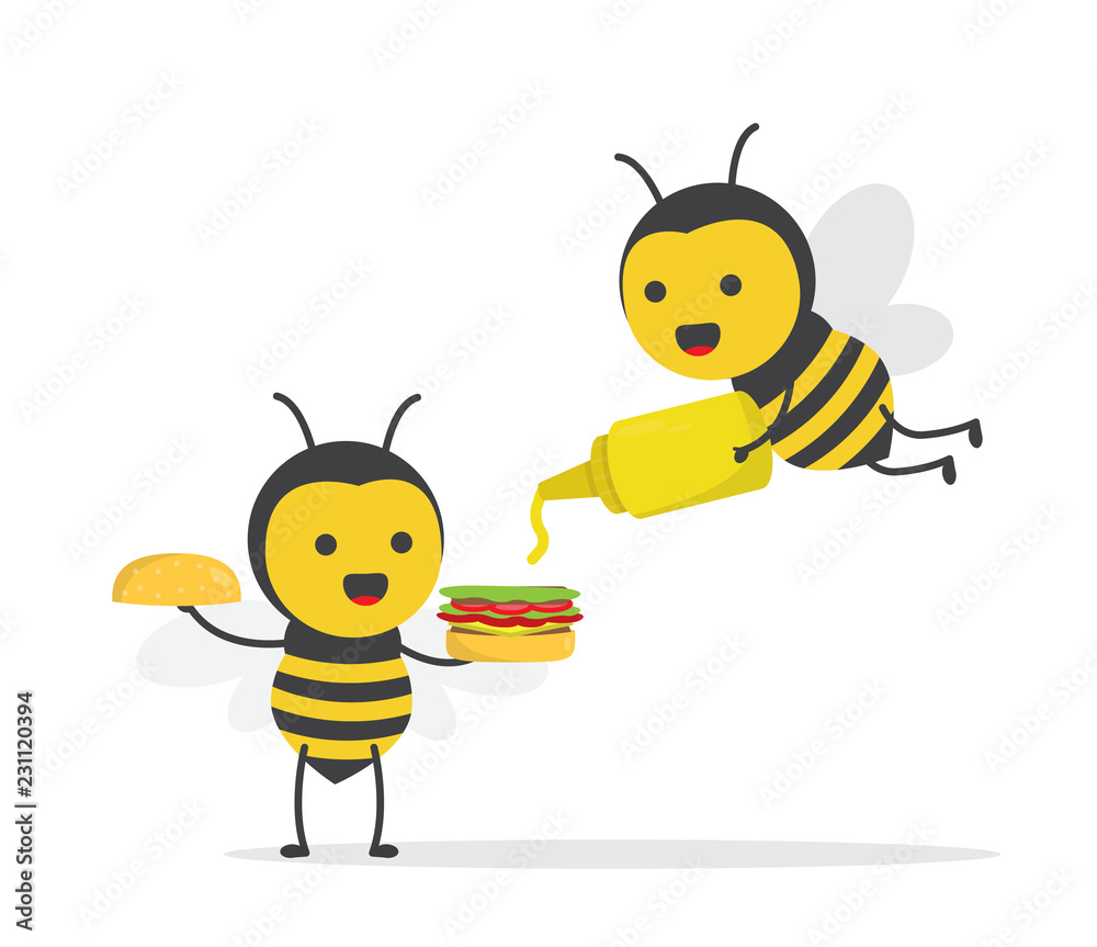 vector illustration character cartoon design cute honey yellow bee mascot holding yellow mustard bottle and burger delicious with in white background vector illustration character cartoon design cute honey yellow bee mascot holding yellow mustard bottle and burger delicious with in white background