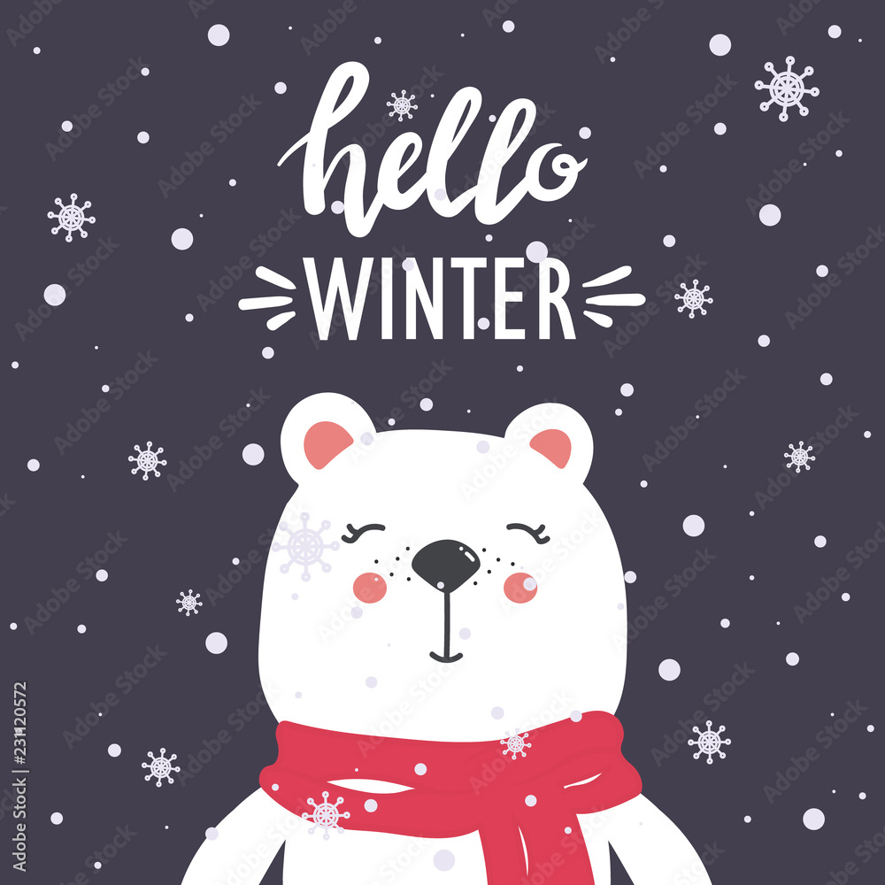 Hand drawn illustration with happy bear, snow and lettering. Colorful cute background vector. Hello winter, poster design. Decorative backdrop with english text, animal. Funny card, phrase