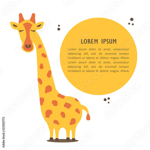Hand drawn illustration, happy giraffe and place for your text here. Colorful background vector. Poster design with animal, english text. Animal who speak, card. Decorative backdrop, good for printing