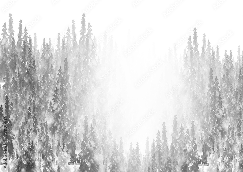 Watercolor group of trees - fir, pine, cedar, fir-tree. black and white forest, countryside landscape. Hand drawn watercolor illustration. Foggy frosty forest