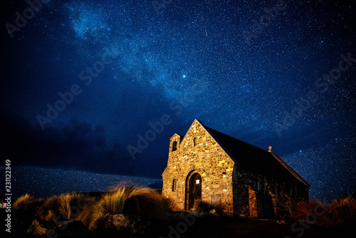 Milky way with Church of Good Shepherd in New Zealand