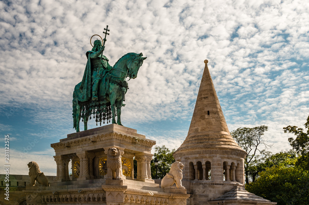The Equestrian statue and monument of King Saint Stephen, erected in 1906, in Fisherman’s Bastion, in Budapest, Hungary.