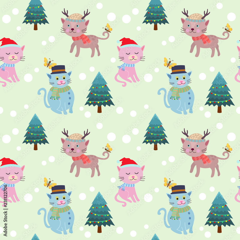 Obraz premium Cute cat and christmas tree seamless pattern.