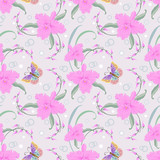 Pink orchids and butterfly seamless pattern.