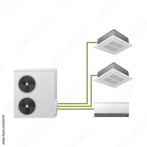 Air conditioning. Vector illustration. Multi split system. One outdoor and three indoor unit. Ceiling Cassette and wall mounted.