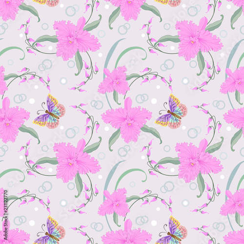 Pink orchids and butterfly seamless pattern.