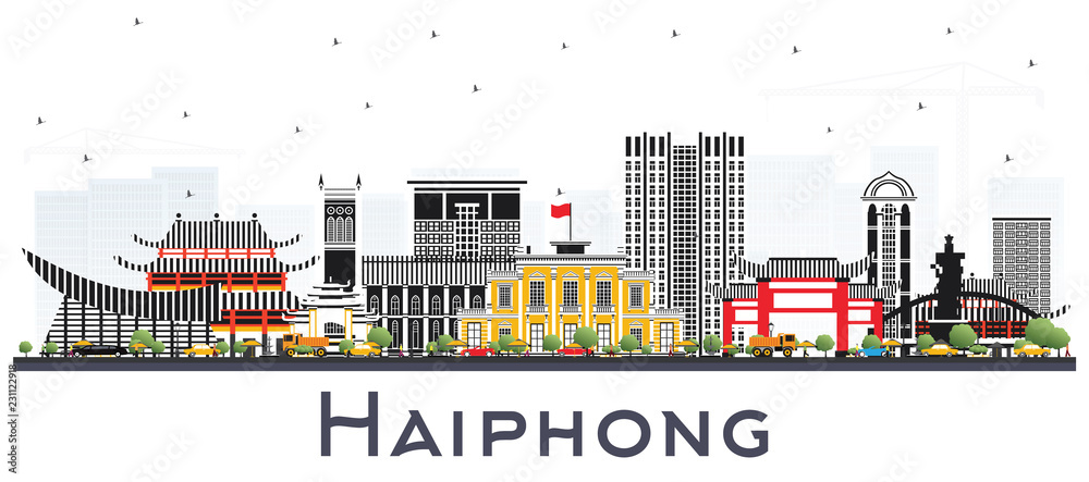 Haiphong Vietnam City Skyline with Gray Buildings Isolated on White.
