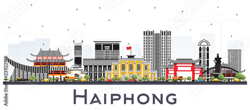 Haiphong Vietnam City Skyline with Gray Buildings Isolated on White.