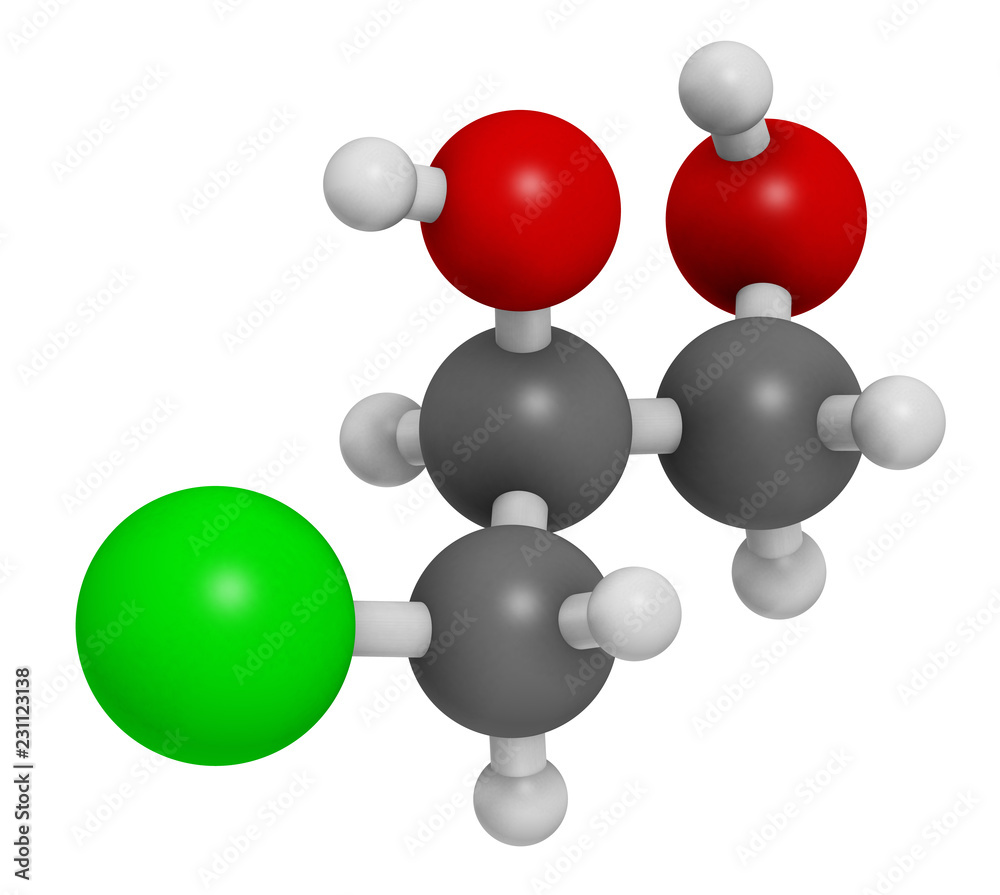 3-MCPD carcinogenic food by-product molecule. Produced when hydrochloric acid is added to food to speed up protein hydrolysis. 3D rendering. Atoms are represented as spheres . 3-MCPD carcinogenic food by-product molecule. Produced when hydrochloric acid is added to food to speed up protein hydrolysis. 3D rendering. Atoms are represented as spheres .