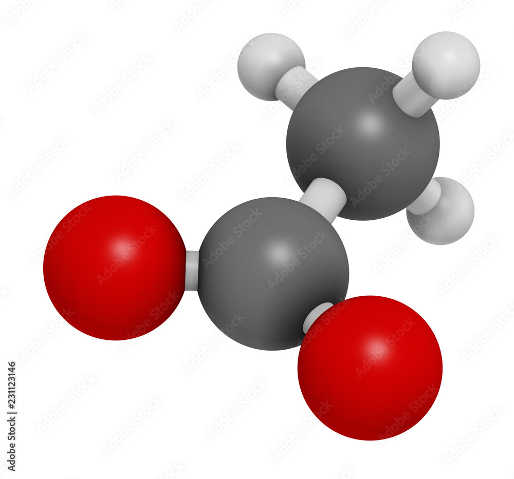 Acetate anion, chemical structure. 3D rendering. Atoms are represented as spheres with conventional color coding: carbon (grey), hydrogen (white), oxygen (red). Acetate anion, chemical structure. 3D rendering. Atoms are represented as spheres with conventional color coding: carbon (grey), hydrogen (white), oxygen (red).
