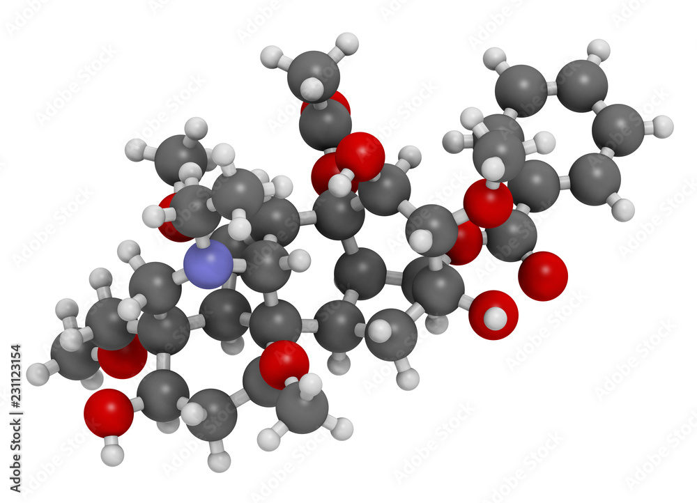 Aconitine molecule. Toxin present in Aconitum plants (monkshood). 3D rendering. Atoms are represented as spheres with conventional color coding.