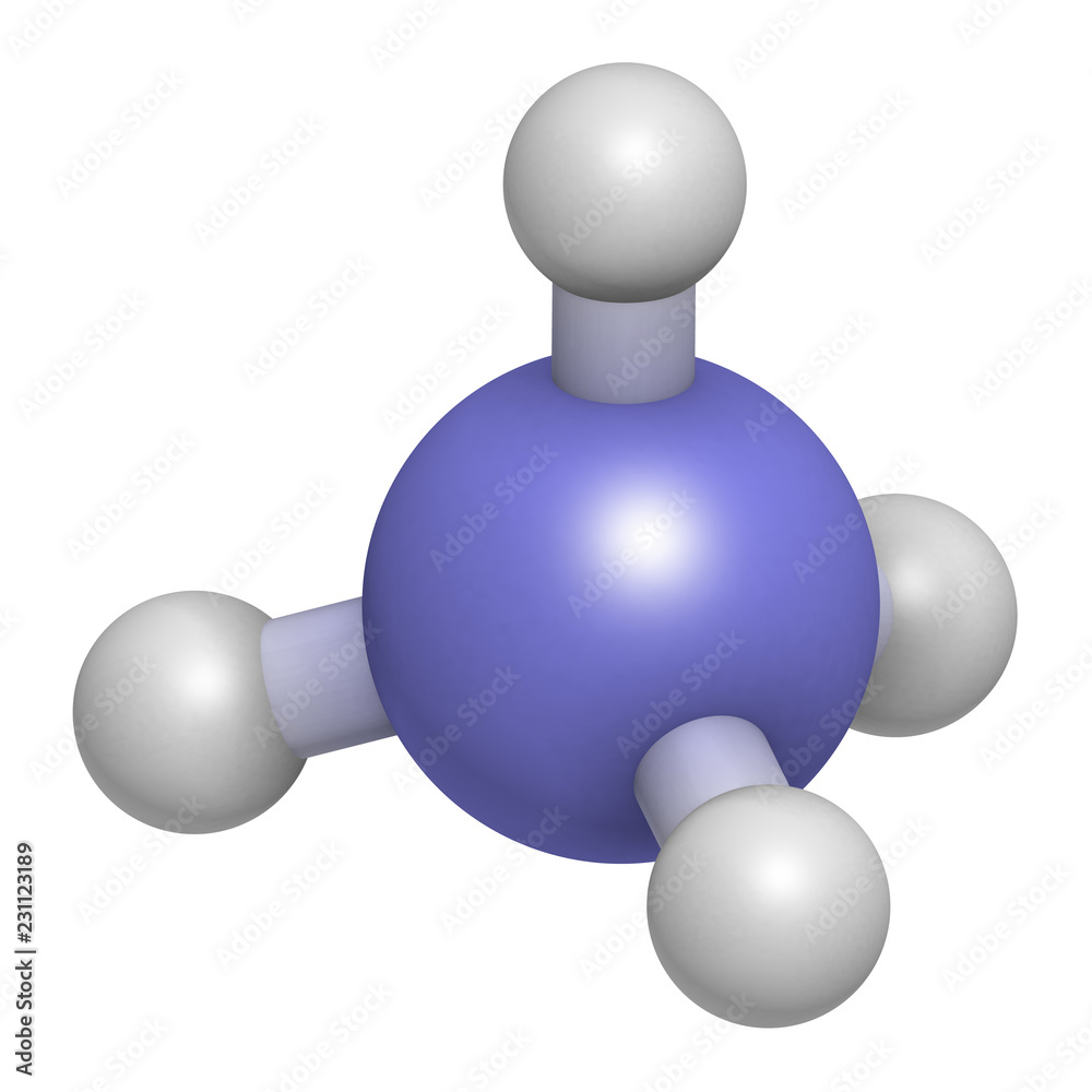 Ammonium cation. Protonated form of ammonia. 3D rendering. Atoms are ...