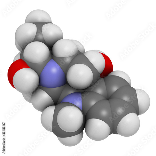 Ajmaline antiarrhytmic agent molecule.  3D rendering. Atoms are represented as spheres with conventional color coding  hydrogen  white   carbon  grey   oxygen  red   nitrogen  blue .