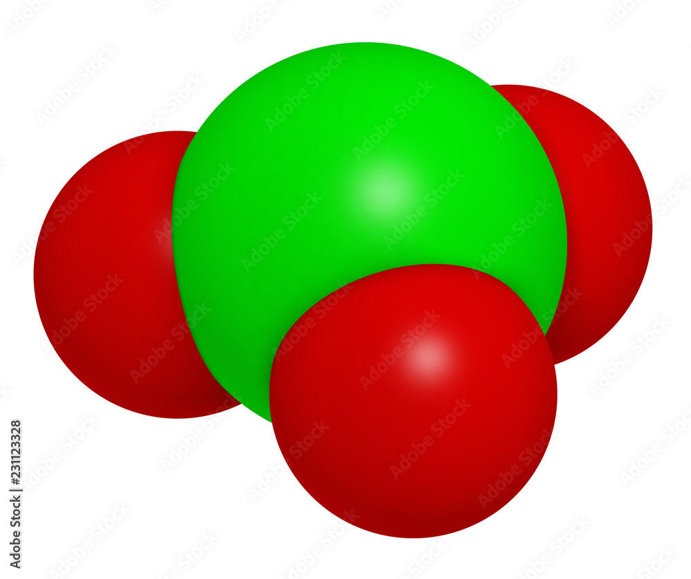 Chlorate anion, chemical structure. 3D rendering. Atoms are represented