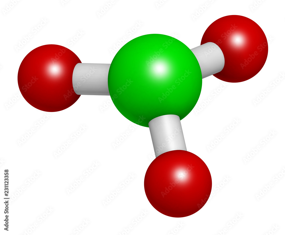 Chlorate anion, chemical structure. 3D rendering. Atoms are represented
