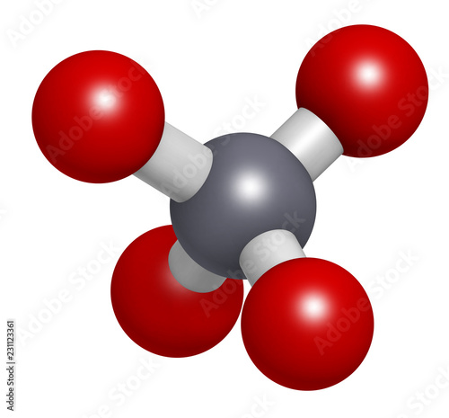 Chromate anion, chemical structure. 3D rendering. Atoms are represented as spheres with conventional color coding: chromium (grey), oxygen (red). photo