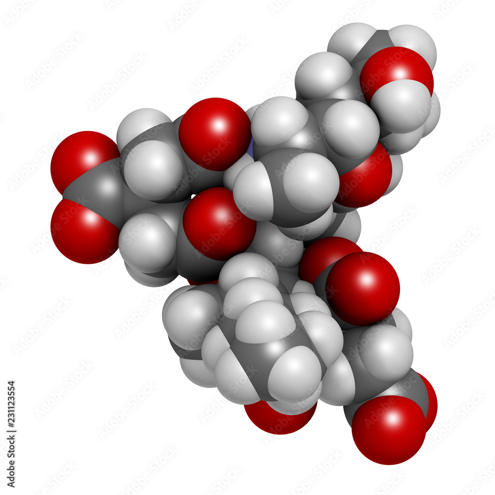 Fumonisin B1 mycotoxin molecule. Fungal toxin produced by some Fusarium molds, often present in corn and other cereals. 3D rendering. Atoms are represented as spheres with conventional color coding.