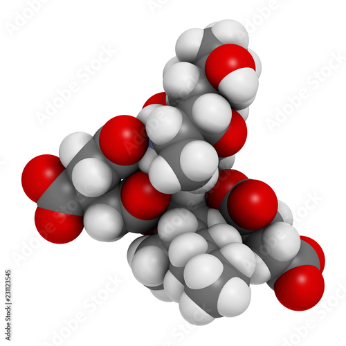 Fumonisin B1 mycotoxin molecule. Fungal toxin produced by some Fusarium molds  often present in corn and other cereals. 3D rendering. Atoms are represented as spheres with conventional color coding.