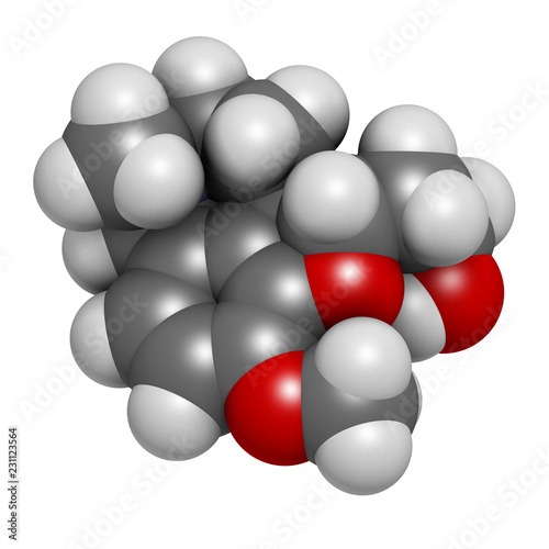 Galantamine alkaloid molecule. Found in Caucasian snowdrop  used in treatment of Alzheimer s disease. 3D rendering. Atoms are represented as spheres with conventional color coding.