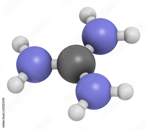 Guanidinium cation. Protonated form of guanidine. 3D rendering. Atoms are represented as spheres with conventional color coding: hydrogen (white), carbon (grey), nitrogen (blue). photo