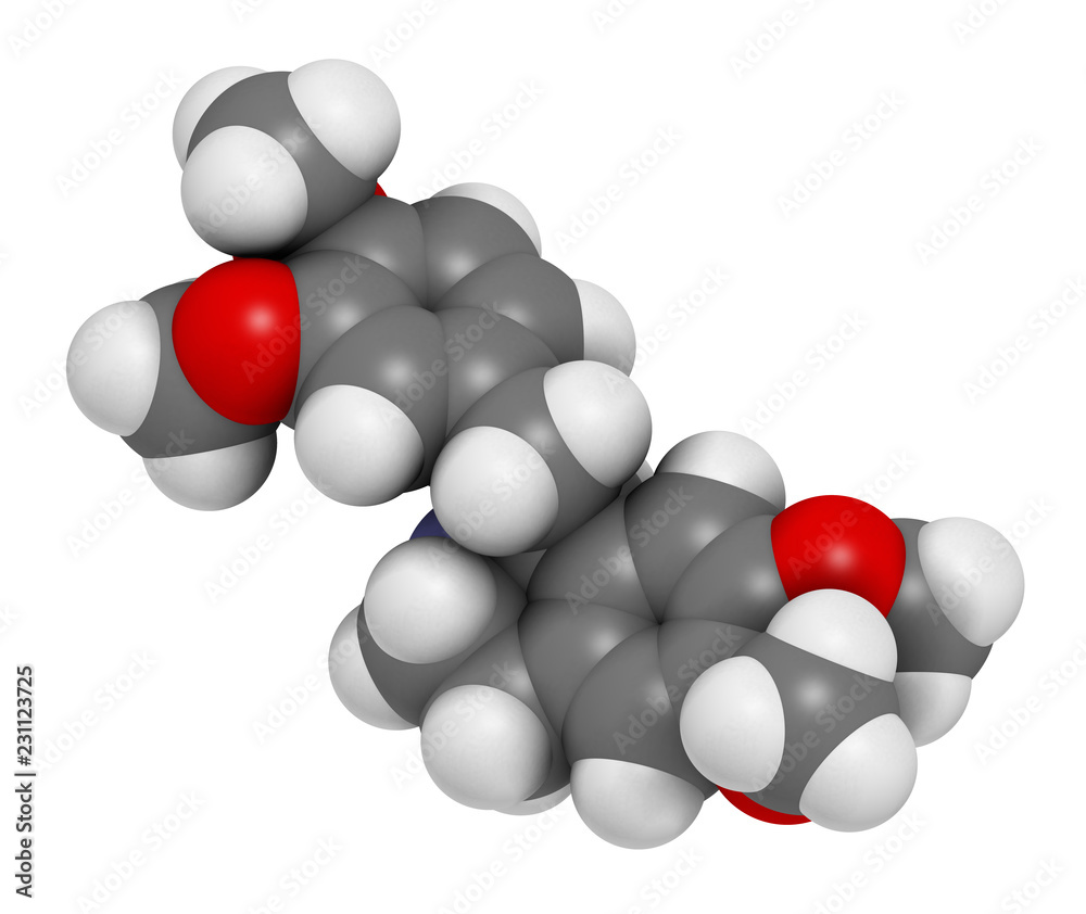 Laudanosine papaver alkaloid molecule. 3D rendering. Atoms are represented as spheres with conventional color coding: hydrogen (white), carbon (grey), oxygen (red), nitrogen (blue). Laudanosine papaver alkaloid molecule. 3D rendering. Atoms are represented as spheres with conventional color coding: hydrogen (white), carbon (grey), oxygen (red), nitrogen (blue).