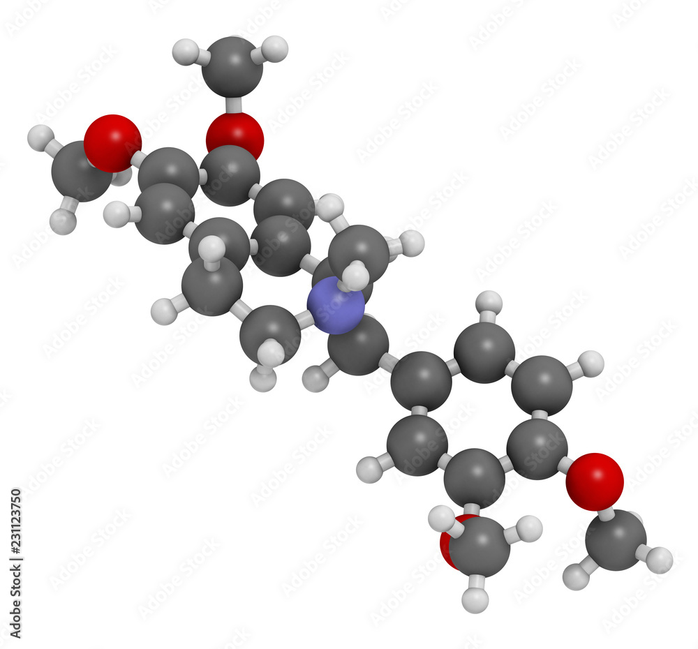 Laudanosine papaver alkaloid molecule. 3D rendering. Atoms are represented as spheres with conventional color coding: hydrogen (white), carbon (grey), oxygen (red), nitrogen (blue).