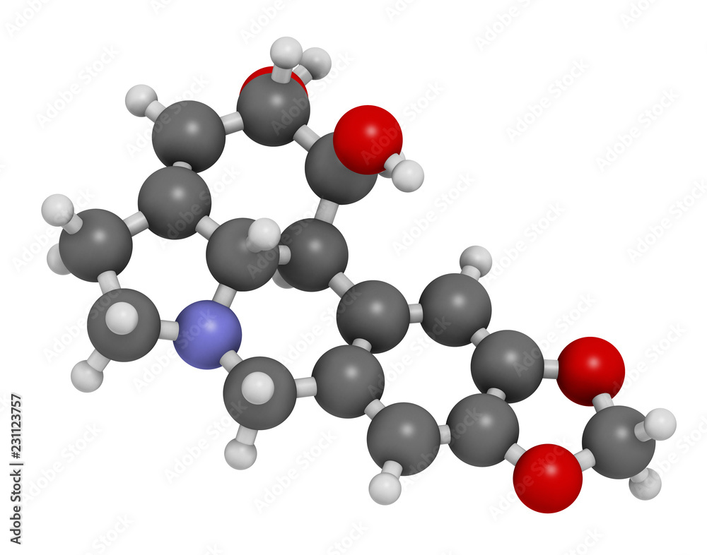Lycorine alkaloid molecule. Found in Amaryllidaceae plants, including lilies and daffodils. 3D rendering. Atoms are represented as spheres with conventional color coding: hydrogen (white), etc Lycorine alkaloid molecule. Found in Amaryllidaceae plants, including lilies and daffodils. 3D rendering. Atoms are represented as spheres with conventional color coding: hydrogen (white), etc
