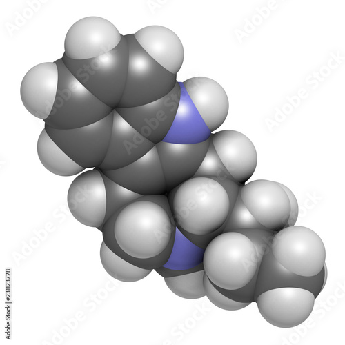 Ibogamine alkaloid molecule, found in Tabernanthe iboga. 3D rendering. Atoms are represented as spheres with conventional color coding: hydrogen (white), carbon (grey), oxygen (red), nitrogen (blue). photo