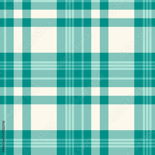 Plaid pattern in teal green and ivory. Seamless fabric texture. 