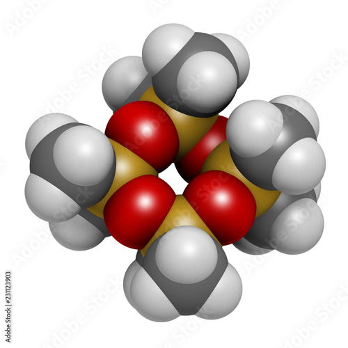 Octamethylcyclotetrasiloxane (D4 silicone) molecule. 3D rendering. Atoms are represented as spheres with conventional color coding: hydrogen (white), carbon (grey), oxygen (red), silicon (gold).