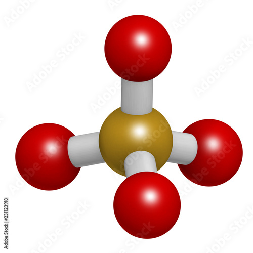 Orthosilicate (silicon tetroxide, silicate) anion, chemical structure. 3D rendering. Atoms are represented as spheres with conventional color coding: silicon (gold), oxygen (red). photo