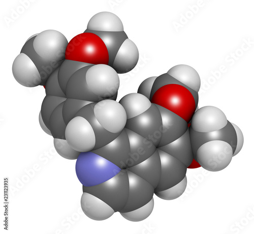 Papaverine opium alkaloid molecule. Used as antispasmodic drug. 3D rendering. Atoms are represented as spheres with conventional color coding. photo