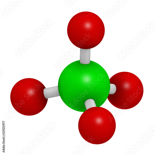 Perchlorate anion, chemical structure. Salts are used in rocket propellants.  3D rendering. Atoms are represented as spheres with conventional color coding: chlorine (green), oxygen (red). © molekuul.be