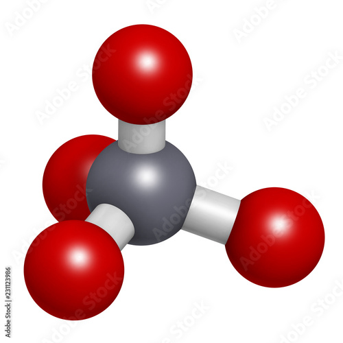 Permanganate anion, chemical structure. 3D rendering. Atoms are represented as spheres with conventional color coding: manganese (grey), oxygen (red).