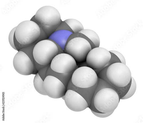 Sparteine scotch broom alkaloid molecule. 3D rendering. Atoms are represented as spheres with conventional color coding: hydrogen (white), carbon (grey), nitrogen (blue).