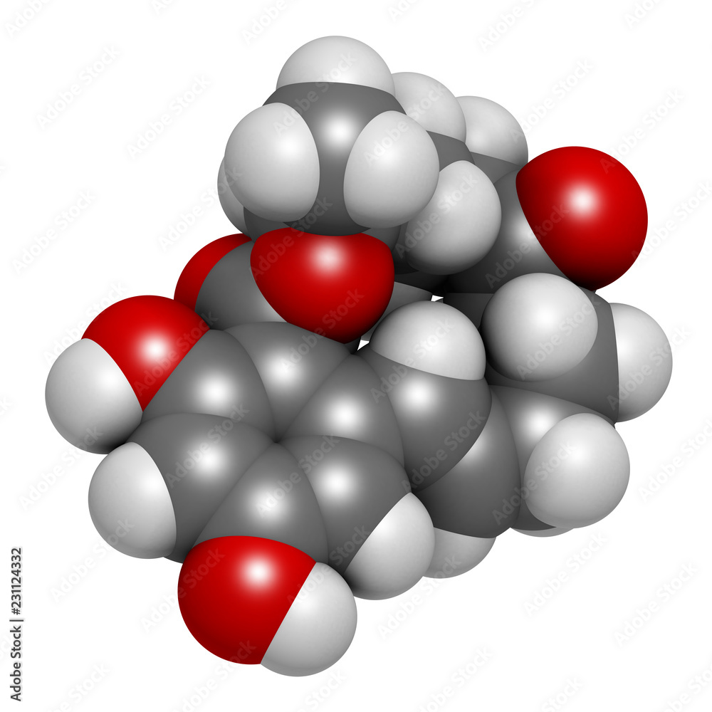 Zearalenone (ZEN) mycotoxin molecule. Produced by some Fusarium and Gibberella species. 3D rendering. Atoms are represented as spheres with conventional color coding. Zearalenone (ZEN) mycotoxin molecule. Produced by some Fusarium and Gibberella species. 3D rendering. Atoms are represented as spheres with conventional color coding.