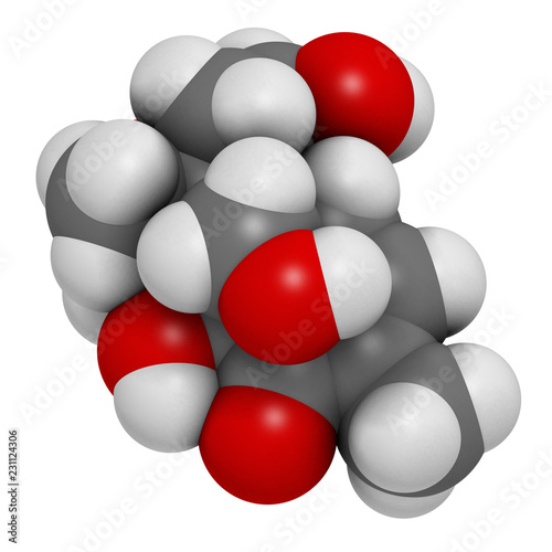 Vomitoxin  deoxynivalenol  DON  mycotoxin molecule. 3D rendering. Atoms are represented as spheres with conventional color coding  hydrogen  white   carbon  grey   oxygen  red .