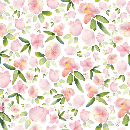 Fototapeta Naklejka Na Ścianę i Meble -  All over watercolor floral pattern in shades of pastel pink, coral, soft yellow and green. 