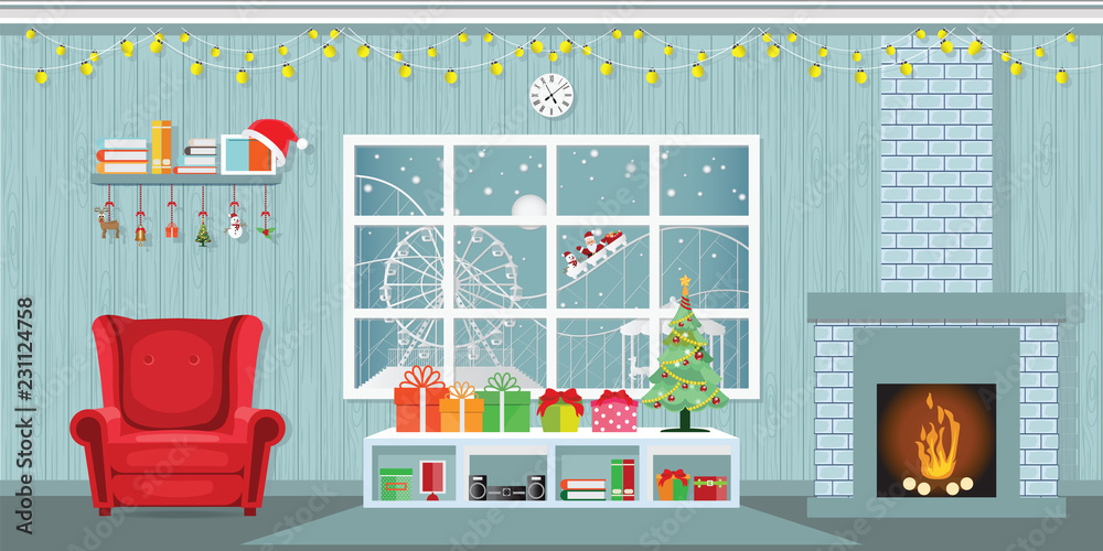 Christmas party in living room with armchair.