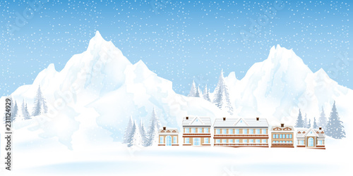 Mountains ski resort with house and pine in the snowy forest.