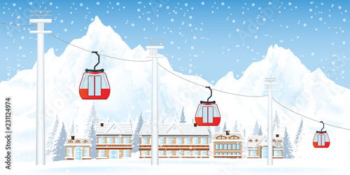Ski resort with cable cars or aerial lift .
