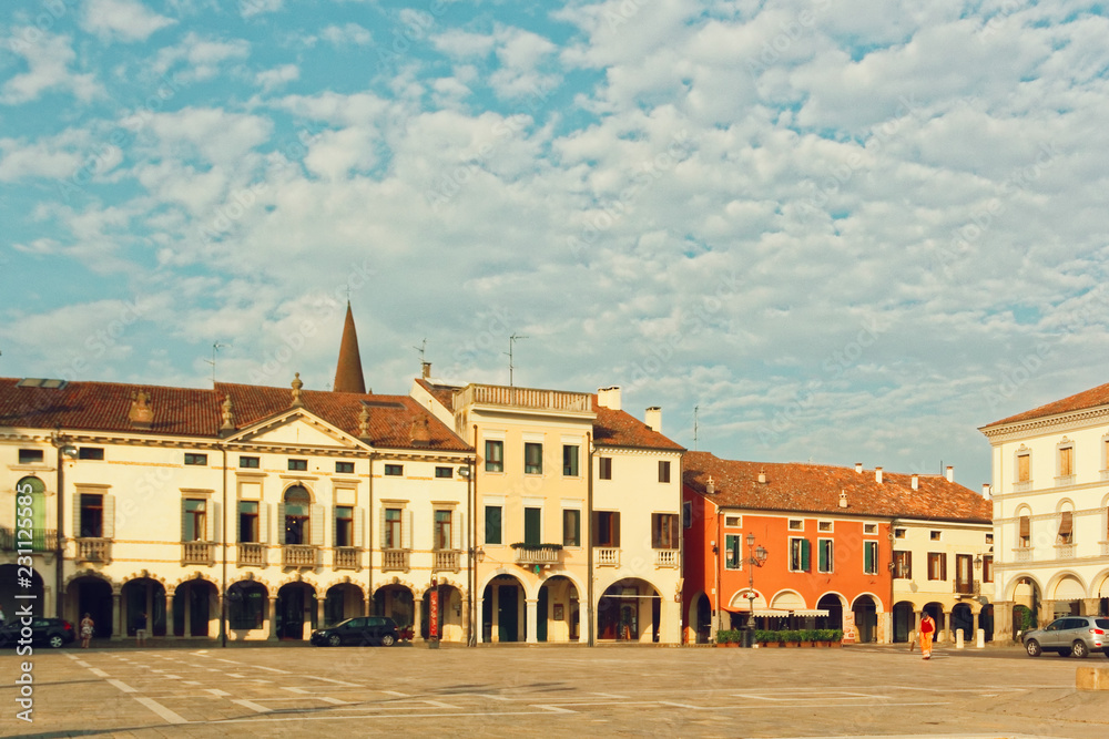 Naklejka premium Montagnana, Italy August 6, 2018: Main square of the city.