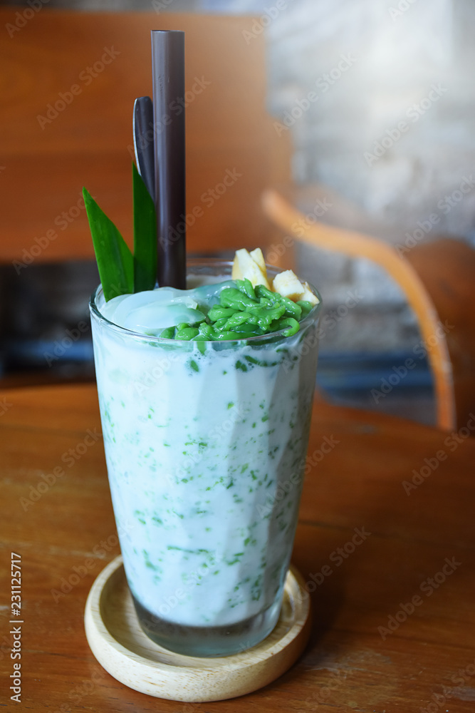 Pandanus Chendol with palm and jack fruit in coconut cream frappe Pandanus Chendol with palm and jack fruit in coconut cream frappe