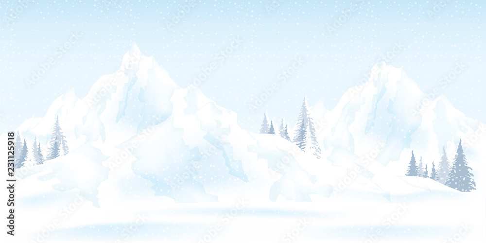 Fototapeta premium Akwarela ilustracja krajobraz gór zimowych z sosny i wzgórza.